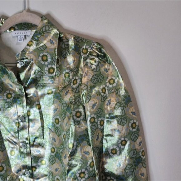 NWOT Topshop Metallic Green Floral Women 2 Button Up 70's Vibes Retro Shirt - Picture 3 of 12